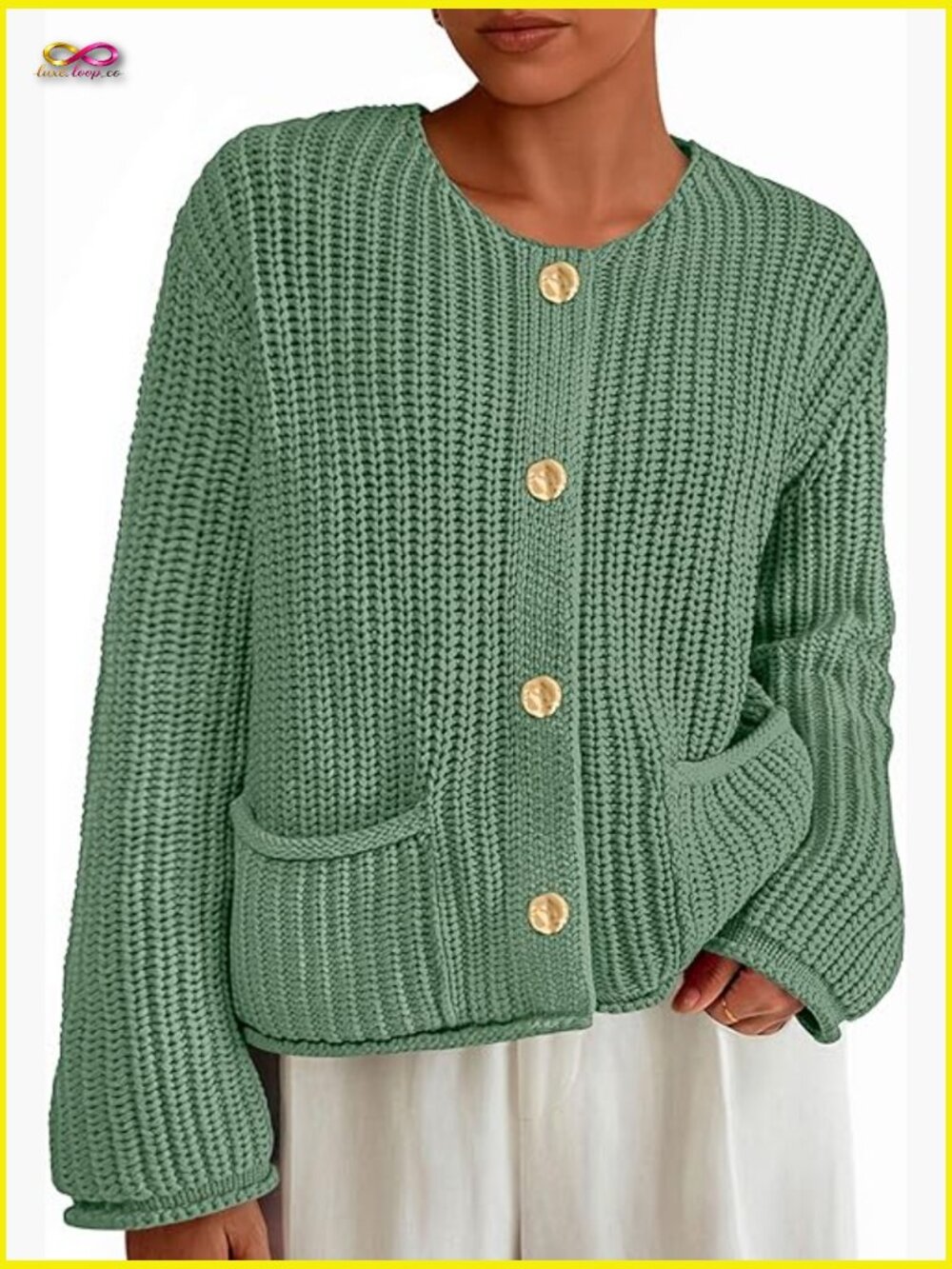 Oversized Chunky Knit Cardigan with Pockets Crewneck Button Front Sweater